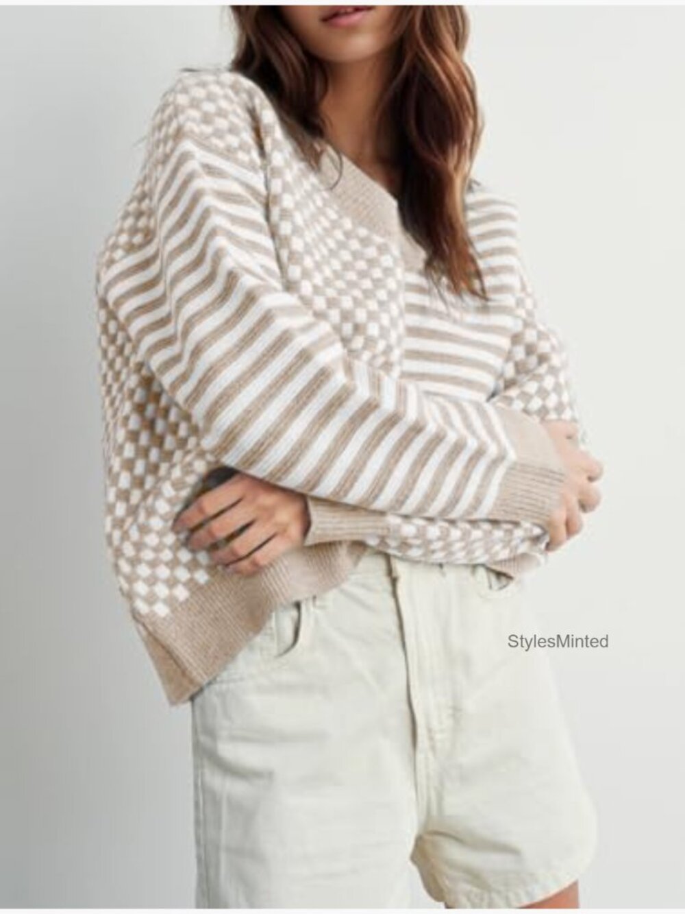 Women V Neck Striped Knit Pullover Sweater Trendy Casual - Picture 3 of 6